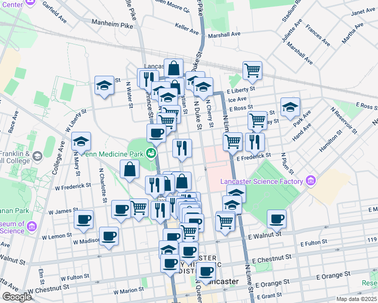 map of restaurants, bars, coffee shops, grocery stores, and more near 22 East New Street in Lancaster