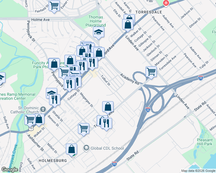 map of restaurants, bars, coffee shops, grocery stores, and more near 4518 Tolbut Street in Philadelphia