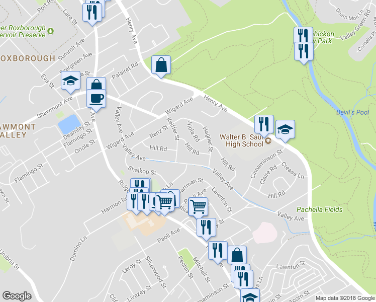 map of restaurants, bars, coffee shops, grocery stores, and more near 7330 Hill Road in Philadelphia