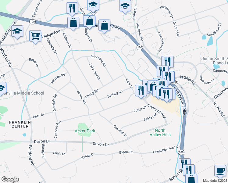 map of restaurants, bars, coffee shops, grocery stores, and more near 413 Berkley Road in Exton