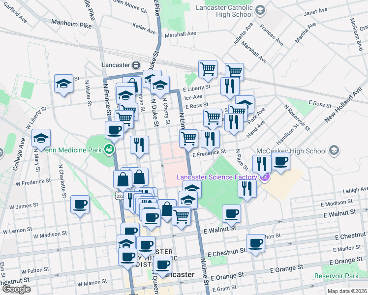 map of restaurants, bars, coffee shops, grocery stores, and more near 610 North Lime Street in Lancaster
