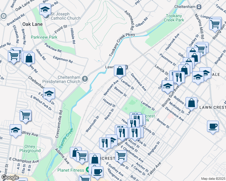 map of restaurants, bars, coffee shops, grocery stores, and more near 228 Higbee Street in Philadelphia
