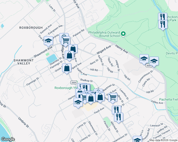 map of restaurants, bars, coffee shops, grocery stores, and more near 7339 Valley Avenue in Philadelphia