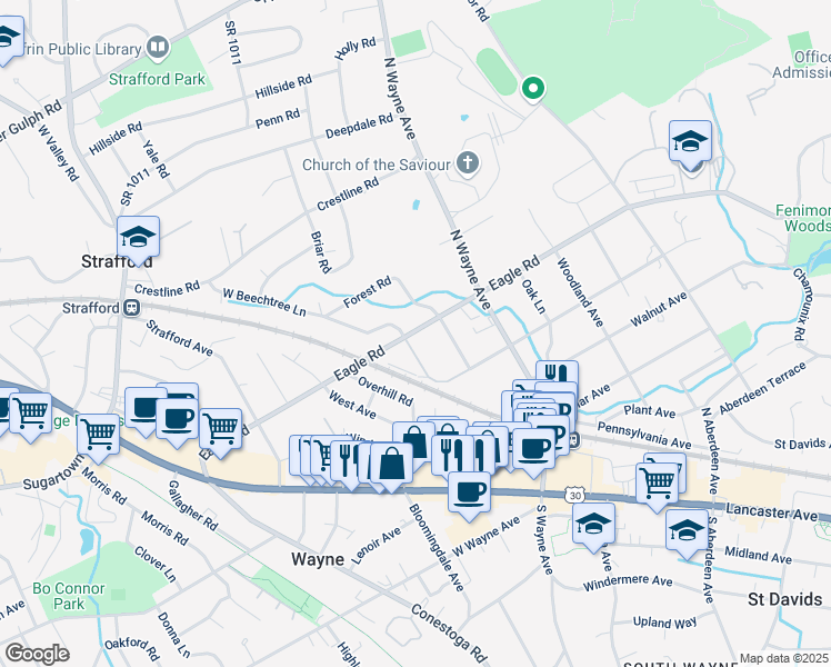 map of restaurants, bars, coffee shops, grocery stores, and more near 421 West Beechtree Lane in Wayne