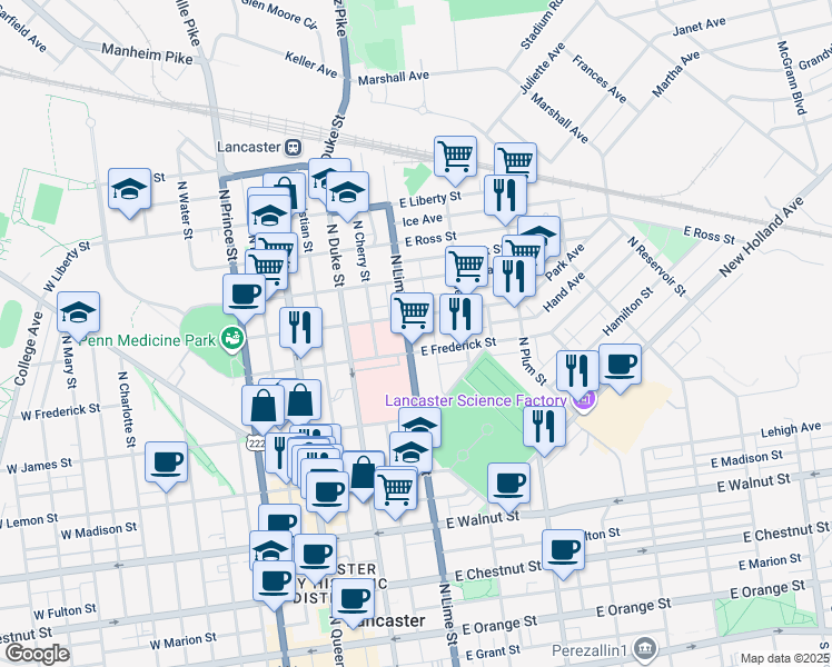 map of restaurants, bars, coffee shops, grocery stores, and more near 610 North Lime Street in Lancaster
