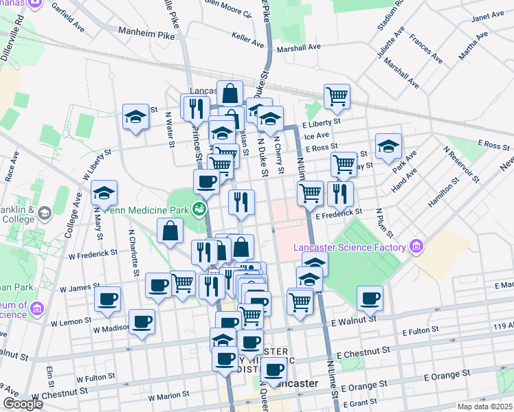 map of restaurants, bars, coffee shops, grocery stores, and more near 631 North Christian Street in Lancaster