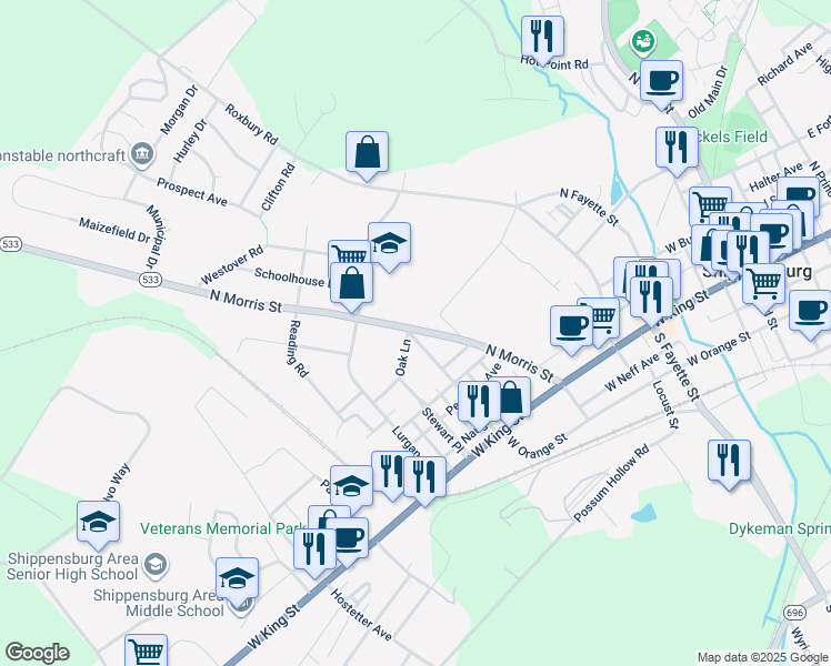 map of restaurants, bars, coffee shops, grocery stores, and more near 2 Oak Lane in Shippensburg