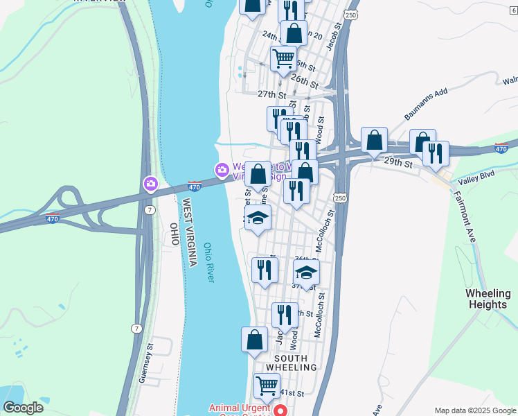 map of restaurants, bars, coffee shops, grocery stores, and more near Lane C in Wheeling
