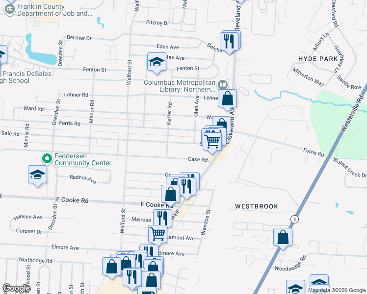 map of restaurants, bars, coffee shops, grocery stores, and more near 2194 Case Road in Columbus