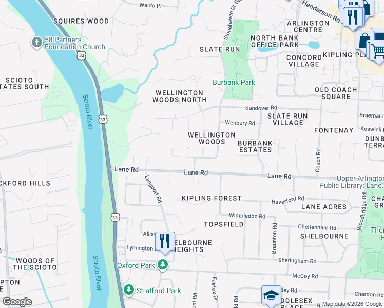 map of restaurants, bars, coffee shops, grocery stores, and more near 4595 Gateway Drive in Columbus