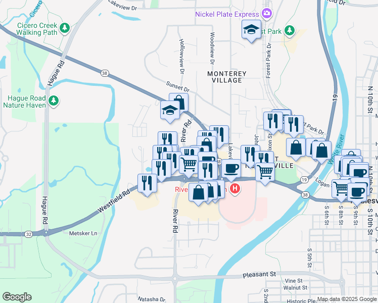 map of restaurants, bars, coffee shops, grocery stores, and more near 195 Carey Drive in Noblesville