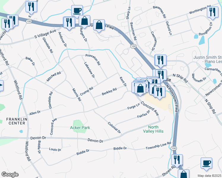 map of restaurants, bars, coffee shops, grocery stores, and more near 415 Berkley Road in Exton