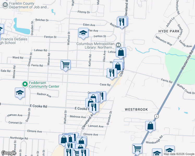 map of restaurants, bars, coffee shops, grocery stores, and more near 2194 Case Road in Columbus