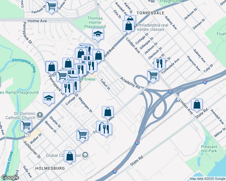map of restaurants, bars, coffee shops, grocery stores, and more near 4527 Tolbut Street in Philadelphia