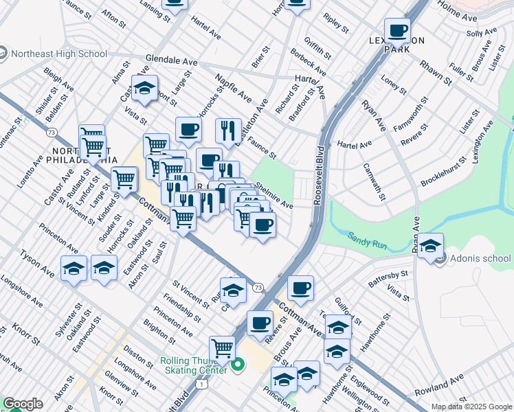 map of restaurants, bars, coffee shops, grocery stores, and more near 2424 Vista Street in Philadelphia