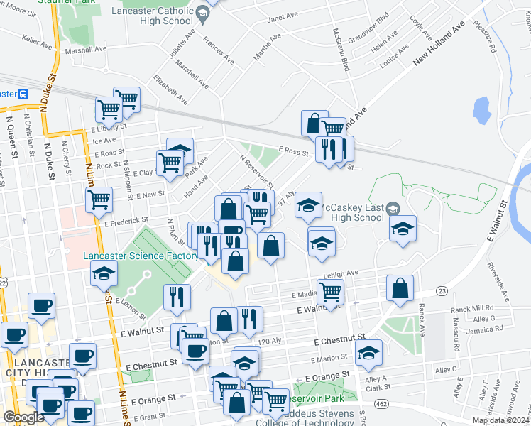 map of restaurants, bars, coffee shops, grocery stores, and more near 626 New Holland Avenue in Lancaster