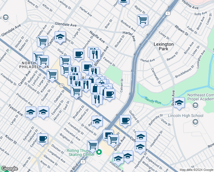 map of restaurants, bars, coffee shops, grocery stores, and more near 2424 Vista Street in Philadelphia