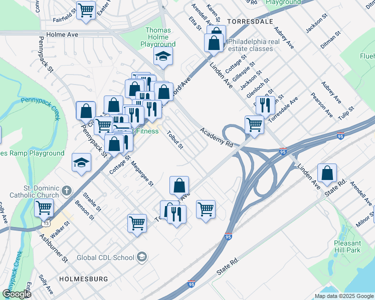 map of restaurants, bars, coffee shops, grocery stores, and more near 4527 Tolbut Street in Philadelphia
