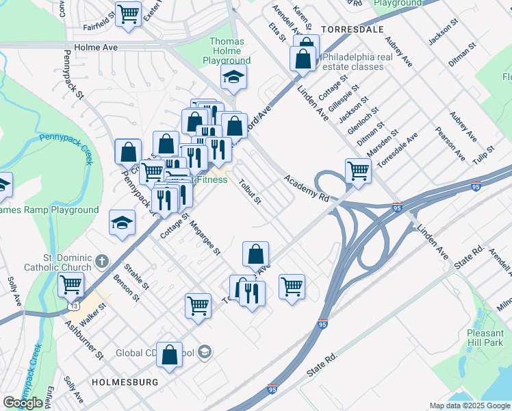 map of restaurants, bars, coffee shops, grocery stores, and more near 4512 Tolbut Street in Philadelphia