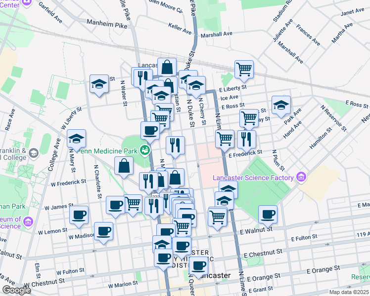 map of restaurants, bars, coffee shops, grocery stores, and more near 631 North Christian Street in Lancaster