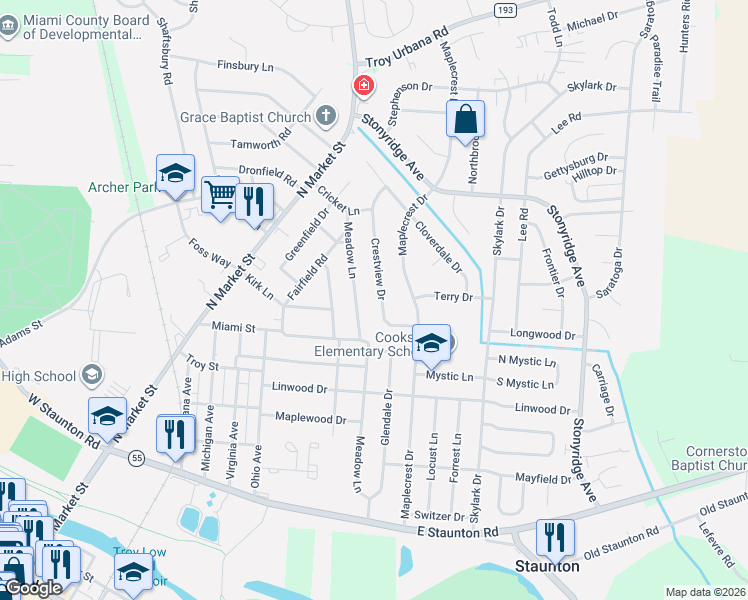map of restaurants, bars, coffee shops, grocery stores, and more near 949 Crestview Drive in Troy