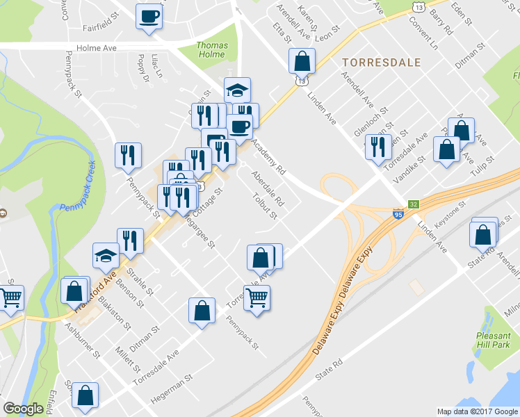 map of restaurants, bars, coffee shops, grocery stores, and more near 4512 Tolbut Street in Philadelphia