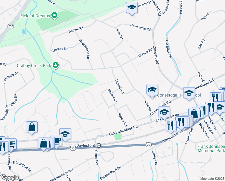 map of restaurants, bars, coffee shops, grocery stores, and more near 10 Robins Lane in Berwyn