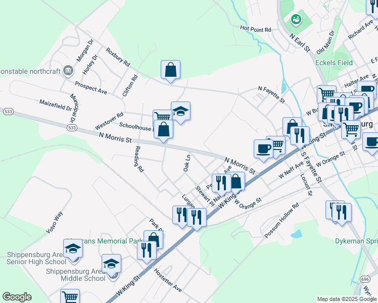 map of restaurants, bars, coffee shops, grocery stores, and more near 2 Oak Lane in Shippensburg