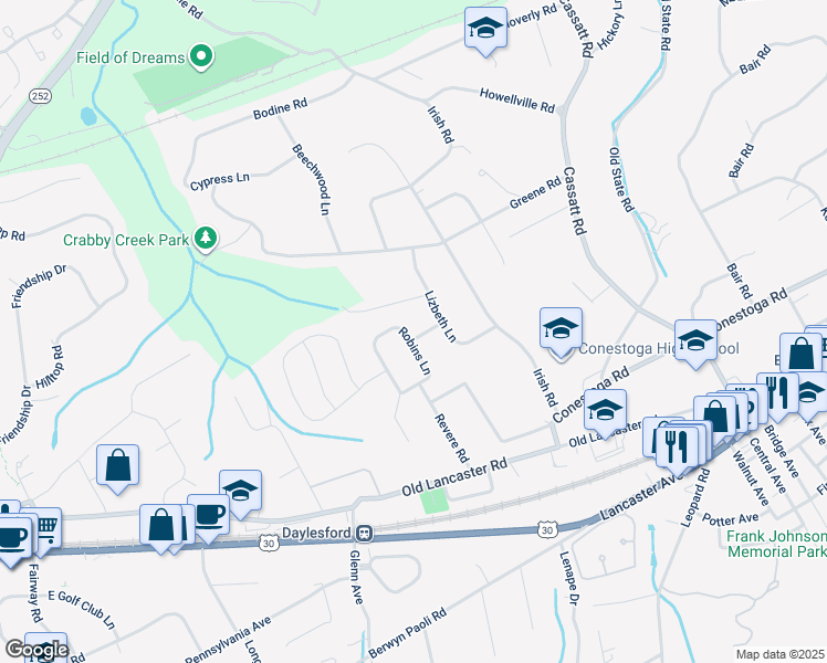 map of restaurants, bars, coffee shops, grocery stores, and more near 10 Robins Lane in Berwyn