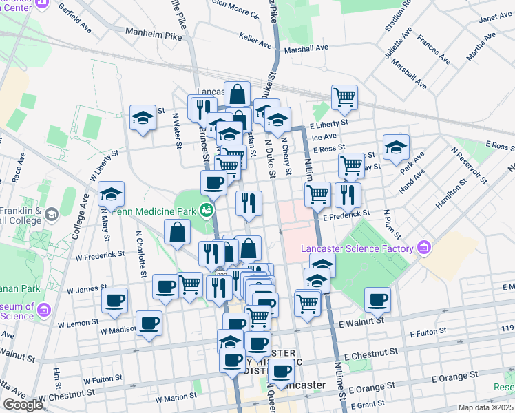 map of restaurants, bars, coffee shops, grocery stores, and more near 22 East New Street in Lancaster