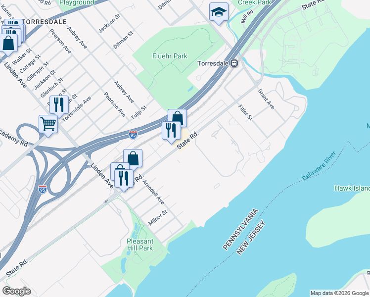 map of restaurants, bars, coffee shops, grocery stores, and more near 9355 State Road in Philadelphia