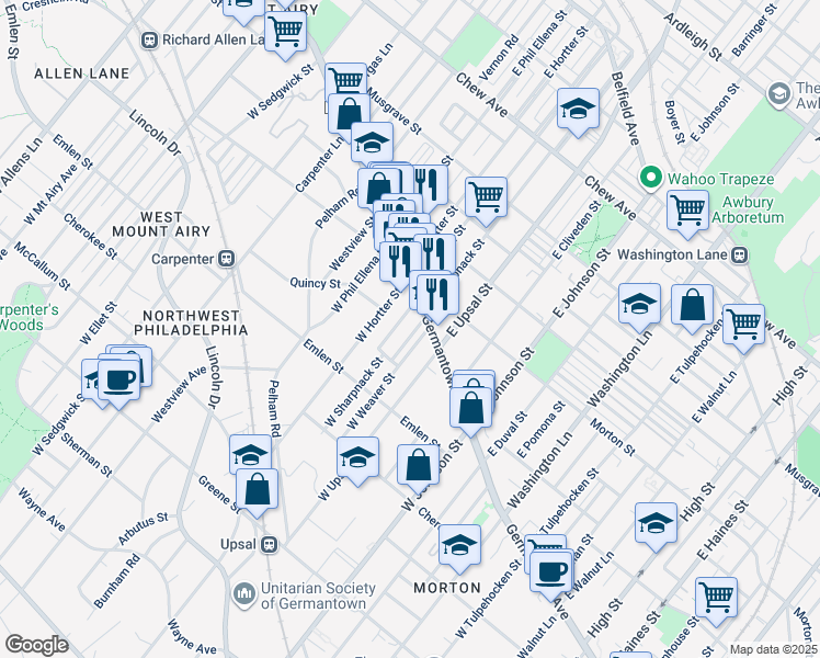 map of restaurants, bars, coffee shops, grocery stores, and more near 11 West Sharpnack Street in Philadelphia