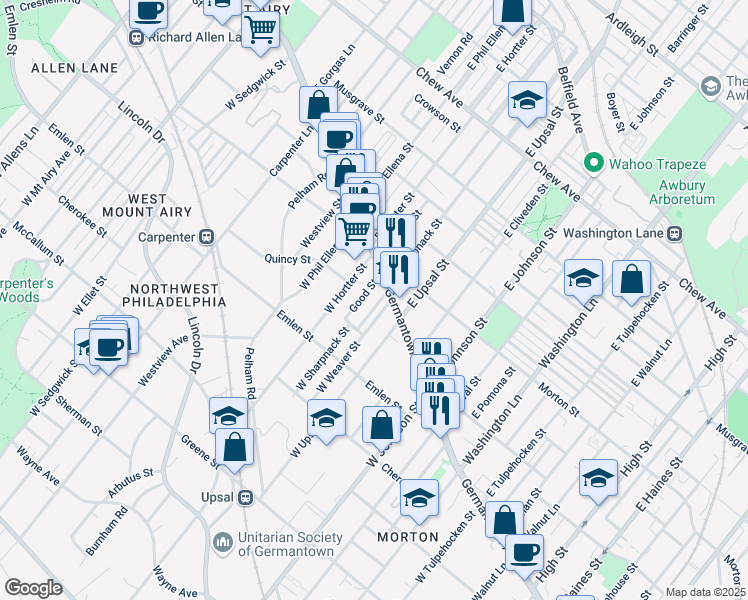 map of restaurants, bars, coffee shops, grocery stores, and more near 11 West Sharpnack Street in Philadelphia