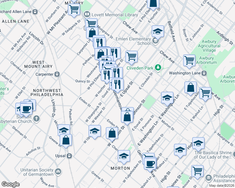 map of restaurants, bars, coffee shops, grocery stores, and more near 6459 Germantown Avenue in Philadelphia