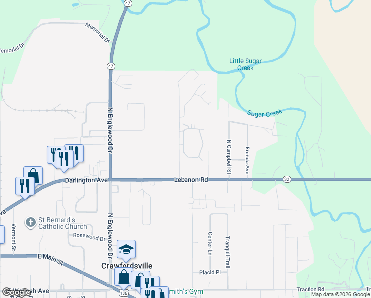 map of restaurants, bars, coffee shops, grocery stores, and more near 930 Aspen Drive in Crawfordsville