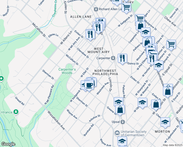 map of restaurants, bars, coffee shops, grocery stores, and more near 7001 McCallum Street in Philadelphia