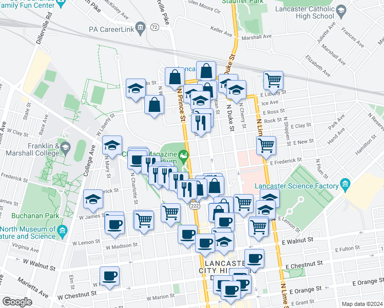 map of restaurants, bars, coffee shops, grocery stores, and more near 41 West New Street in Lancaster