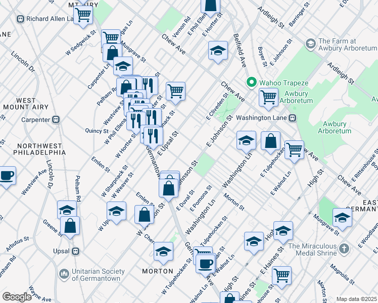 map of restaurants, bars, coffee shops, grocery stores, and more near 120 East Cliveden Street in Philadelphia