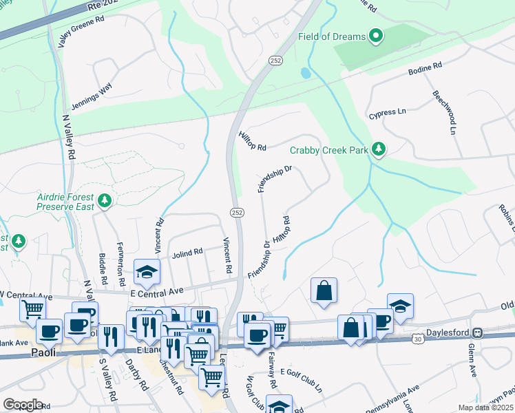 map of restaurants, bars, coffee shops, grocery stores, and more near 328 Friendship Drive in Paoli