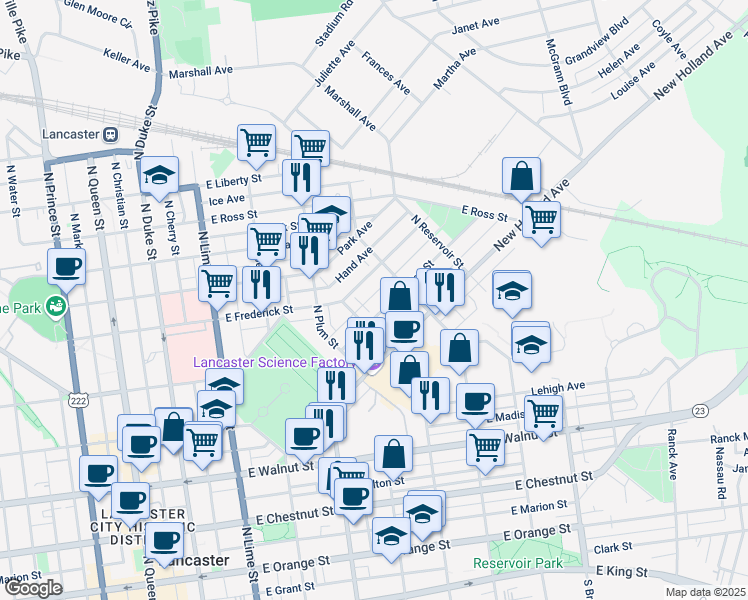 map of restaurants, bars, coffee shops, grocery stores, and more near 536 Reynolds Avenue in Lancaster