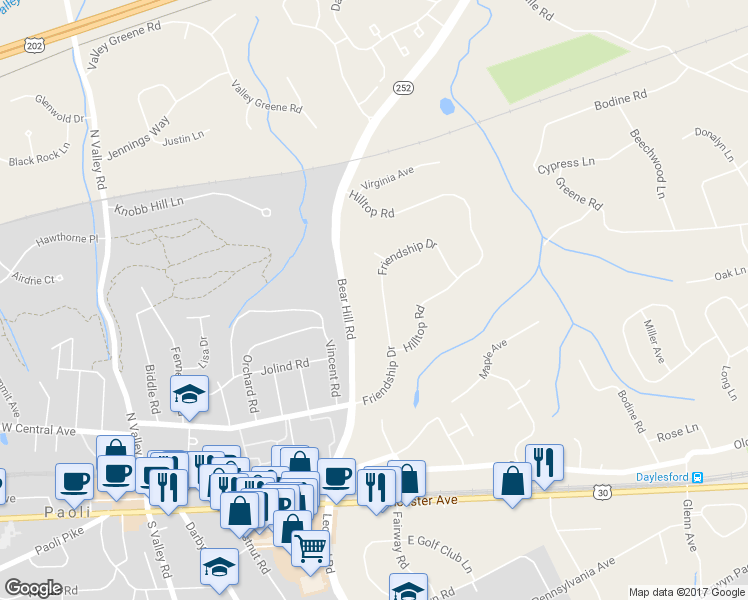 map of restaurants, bars, coffee shops, grocery stores, and more near 328 Friendship Drive in Paoli