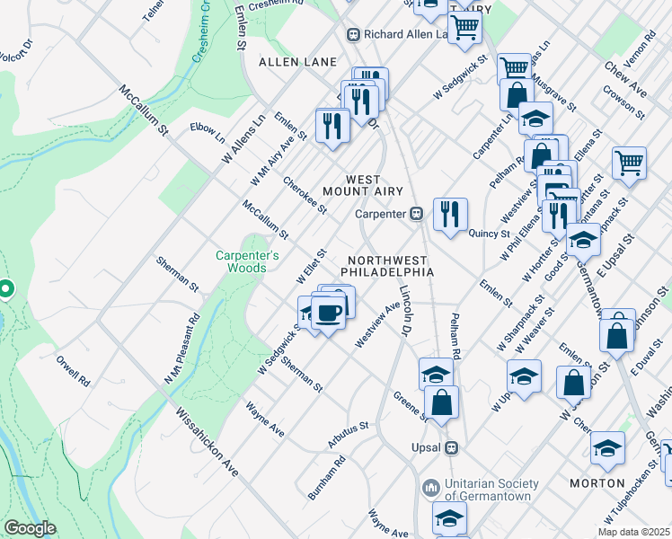 map of restaurants, bars, coffee shops, grocery stores, and more near 7001 McCallum Street in Philadelphia