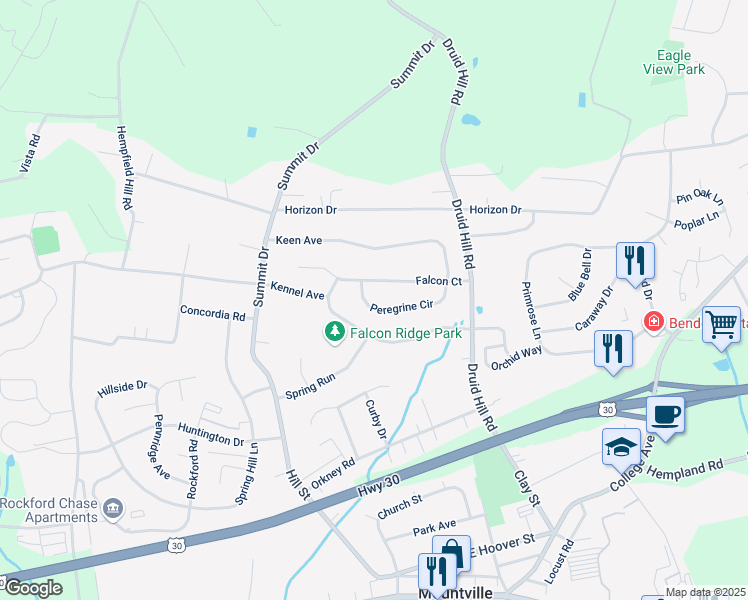 map of restaurants, bars, coffee shops, grocery stores, and more near 3631 Peregrine Cir in Mountville