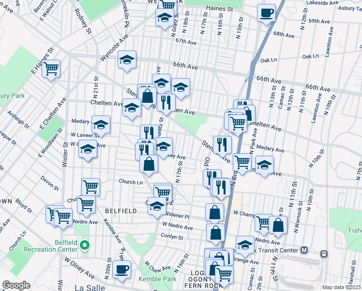 map of restaurants, bars, coffee shops, grocery stores, and more near 6228 North 17th Street in Philadelphia