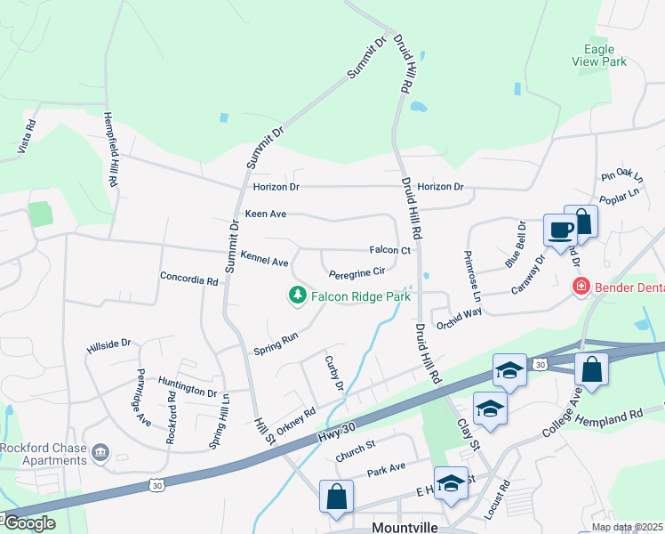map of restaurants, bars, coffee shops, grocery stores, and more near 3631 Peregrine Cir in Mountville