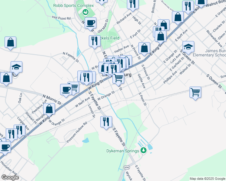 map of restaurants, bars, coffee shops, grocery stores, and more near South Seneca Street in Shippensburg