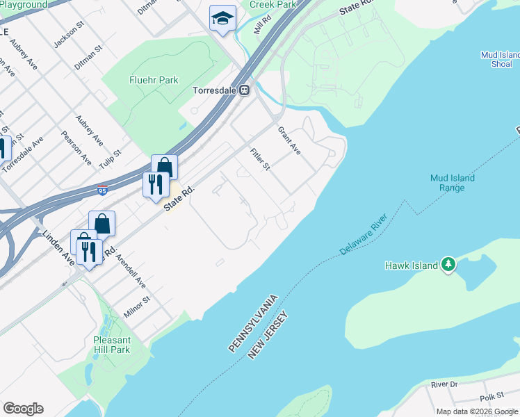 map of restaurants, bars, coffee shops, grocery stores, and more near 9503 State Road in Philadelphia