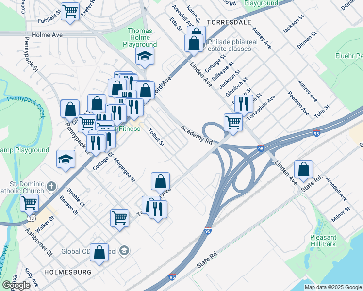 map of restaurants, bars, coffee shops, grocery stores, and more near 4545 Aberdale Road in Philadelphia