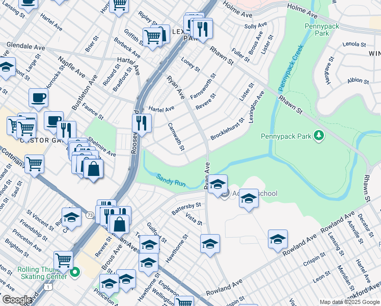 map of restaurants, bars, coffee shops, grocery stores, and more near 7703 Brocklehurst Street in Philadelphia