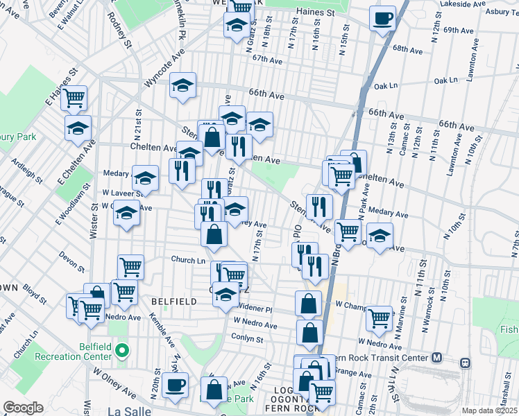 map of restaurants, bars, coffee shops, grocery stores, and more near 6228 North 17th Street in Philadelphia